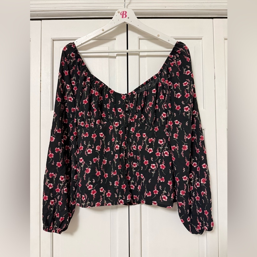 Y2K Trixxi Black Pink Dark Floral Blouse Button Down Baby Doll Coquette Medium - Picture 1 of 8